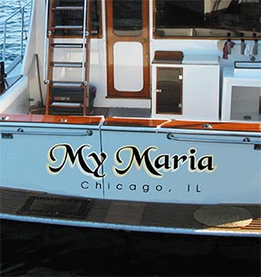 Example of a boat name on the rear hull at the back of a boat.